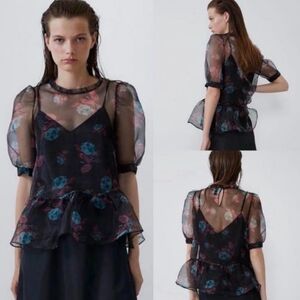 Zara Organza Floral Sheer Blouse Puff Sleeves Size XS
